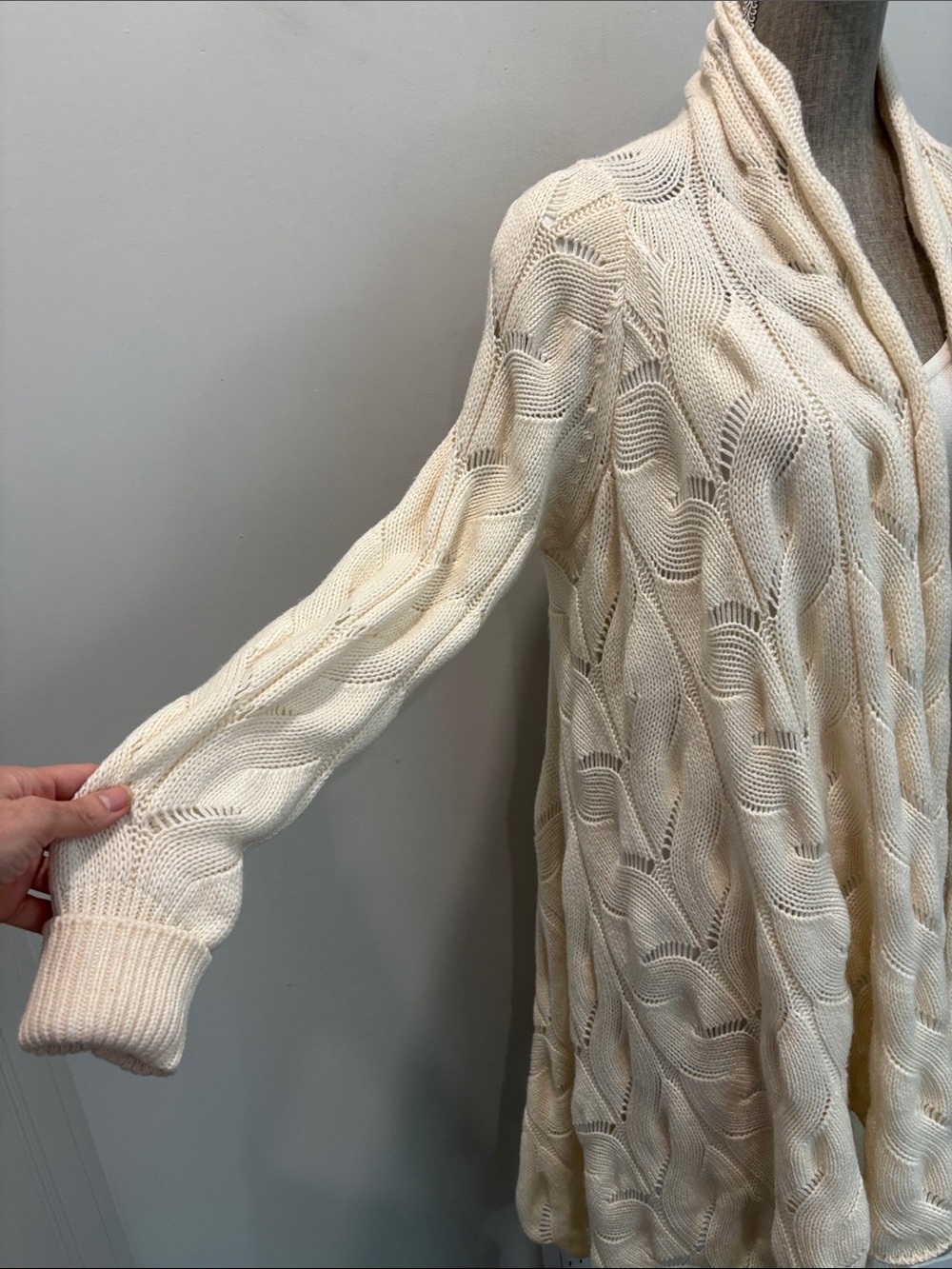 Monari Cream Merino Wool Cashmere Cable Knit Draped Cardigan L/XL Italy - Picture 13 of 15